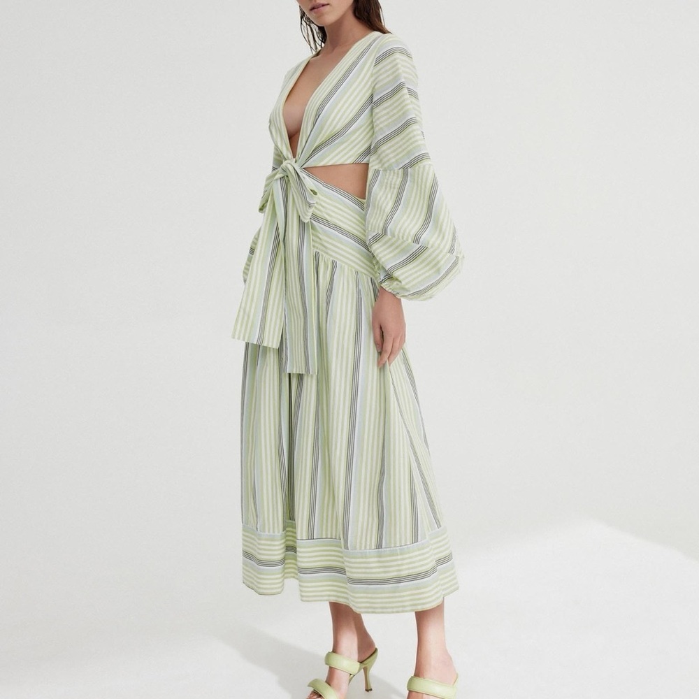 Green Maxi Sundress with Plunge Neckline and Bishop Sleeves